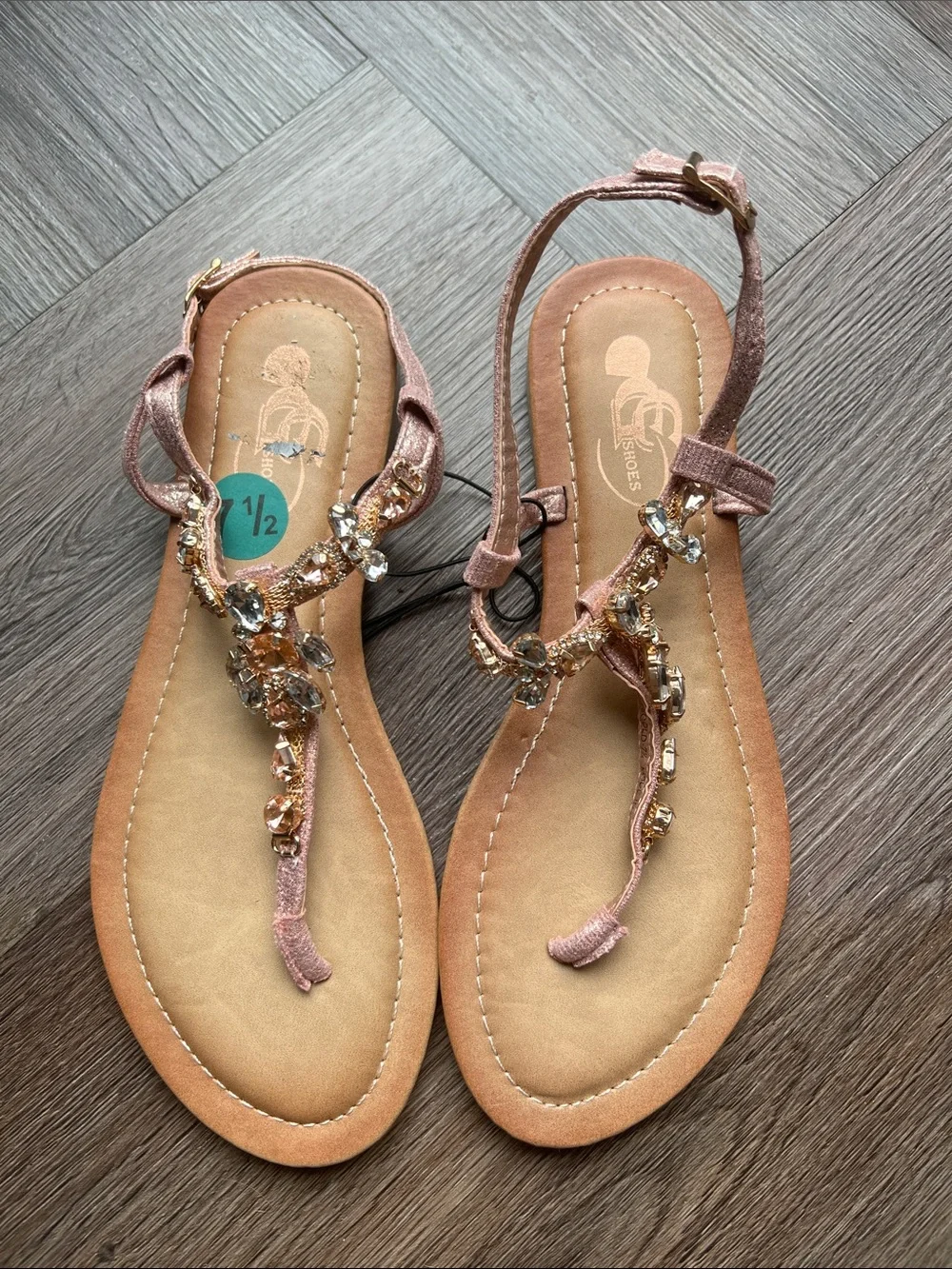 Women's Blush Pink and Gold Jeweled T-Strap Sandals NWT size 7.5